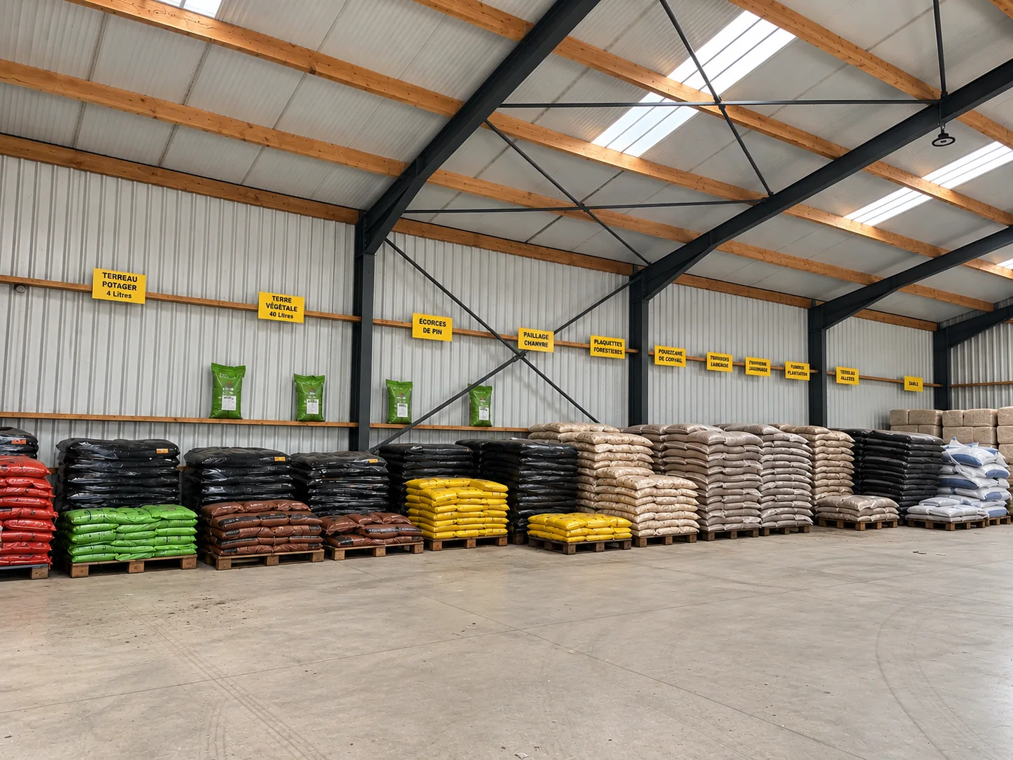Produits conditionnés en sacs dans le hangar des Tourbières de Sucé